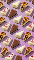 Piece slice assorted cheesecakes pattern on purple background isolated