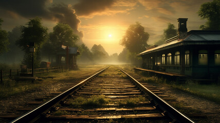 railway at the countryside in the morning - obrazy, fototapety, plakaty
