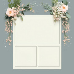 An empty template for a wedding invitation in pastel colors. A blank sheet of paper lies on a plain background surrounded by flowers.