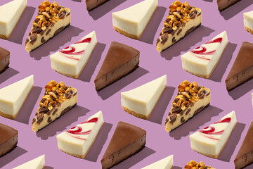 Piece slice assorted cheesecakes pattern on purple background