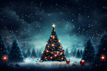 Obraz premium christmas tree decorations, santa claus with gifts, snowman in the snow, christmas gift boxes 