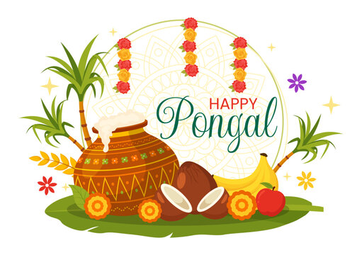 Happy Pongal Vector Illustration of Traditional Tamil Nadu India Festival Celebration with Sugarcane and Plate of Religious Props in Flat Background