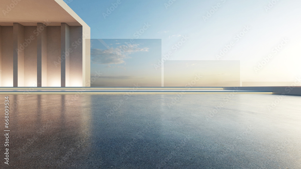 Fototapete 3d render of abstract futuristic architecture with empty concrete floor. Scene for car presentation.