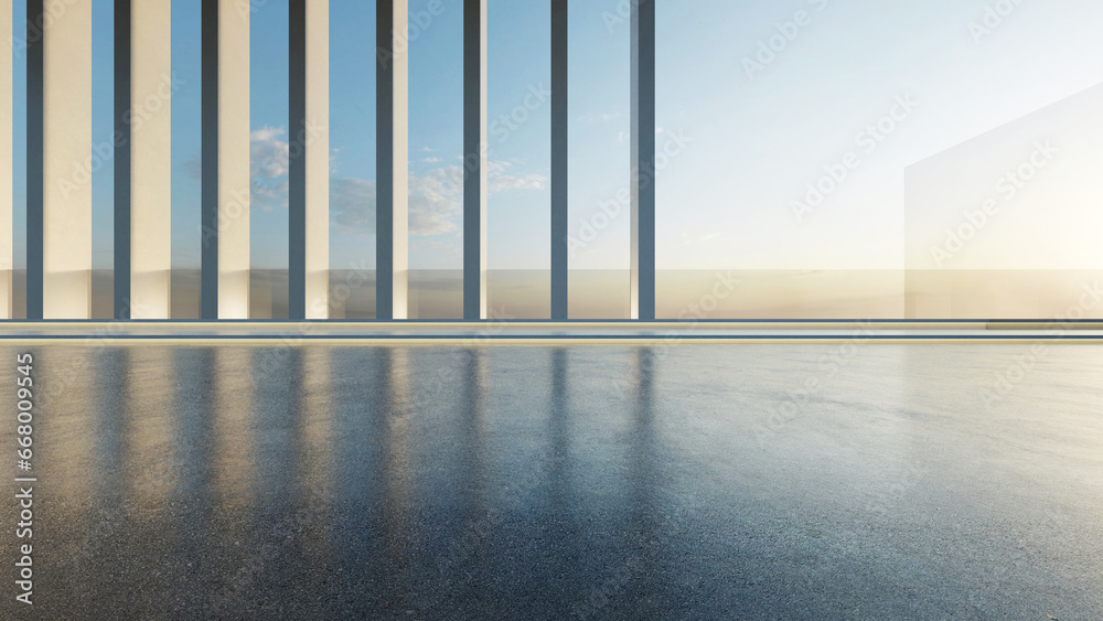 Aufkleber 3d render of abstract futuristic architecture with empty concrete floor. Scene for car presentation.