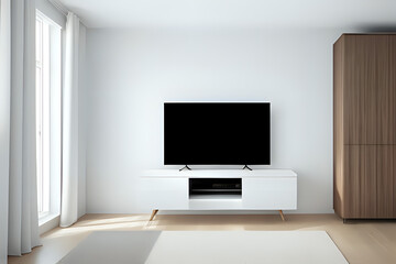 TV on cabinet in modern living room on white wall background, 3d rendering