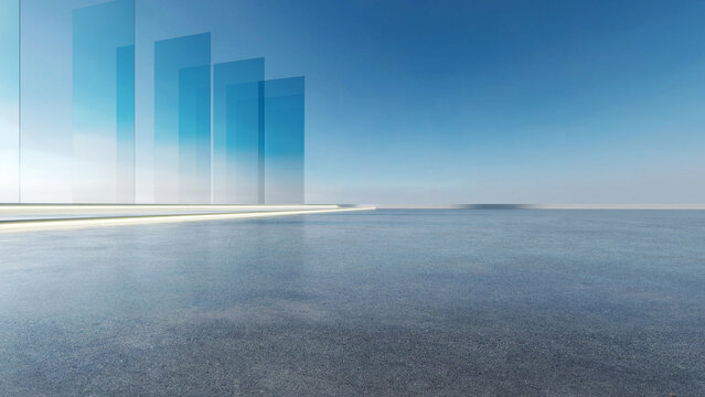 3d render of abstract futuristic architecture with empty concrete floor. Scene for car presentation.