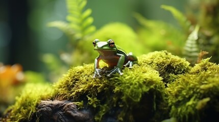 Gliding frog, flying frog pose on moss blurred nature background. AI generated image