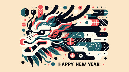 Happy New Year greeting card. Dragon Year lettering. Vector illustration. Generative AI.