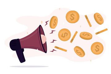 Advertisement, promotion campaign. Megaphone and golden coins fly. Loudspeaker bullhorn for announce promotion. Voice for money, concept. Money making marketing ideas.
