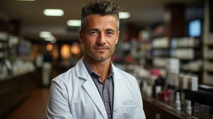 Male doctor pharmacist in a white coat health worker in a pharmacy sells medicine - obrazy, fototapety, plakaty