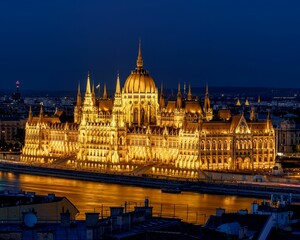 Fototapeta na wymiar Nighttime view of the Hungarian Parliament building in Budapest illuminated against a dark sky