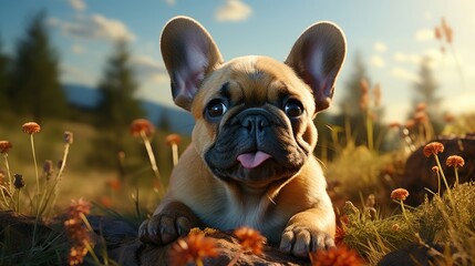 Cute beautiful domestic dog French bulldog lies resting on the grass on a walk outside - Powered by Adobe