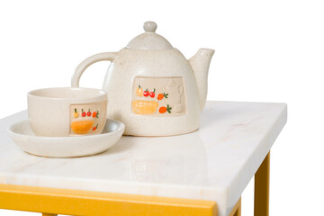 Marble Top Coffee Table from metal frame with tea ceramic teapot set. Isolated with clipping path.