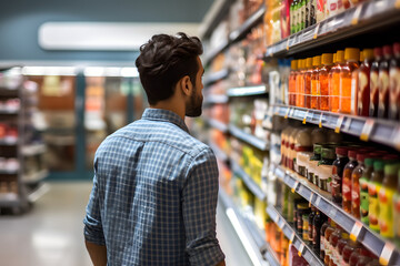 young adult Mexican man choosing a product in a grocery store. Neural network generated image. Not based on any actual person or scene.