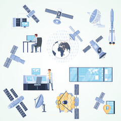 satellites concept icons set with space exploration symbols flat isolated vector illustration - obrazy, fototapety, plakaty