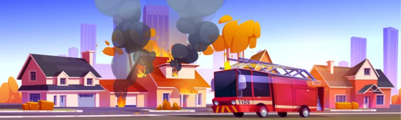 Zelfklevend Fotobehang Fire in city building and truck to rescue cartoon autumn illustration. Burning house insurance incident in town. Firetruck emergency service near residential apartment with smoke from window panorama © klyaksun