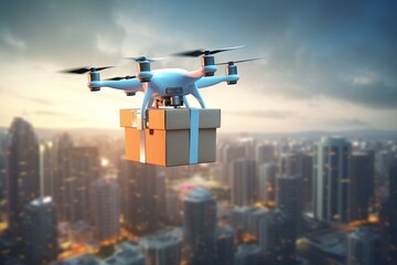 Drone delivering package above city. Rapid unmanned air transportation to home. Generative AI