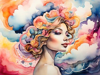 Dreamy woman swirling thoughts and ideas ethereal clouds coloured watercolour painting 03