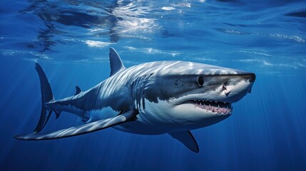 Ocean scary shark Open mouth with many teeth, Underwater blue sea. AI generated image