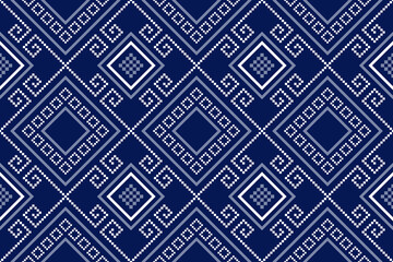 Indigo navy blue geometric traditional ethnic pattern Ikat seamless pattern border abstract design for fabric print cloth dress carpet curtains and sarong Aztec African Indian Indonesian