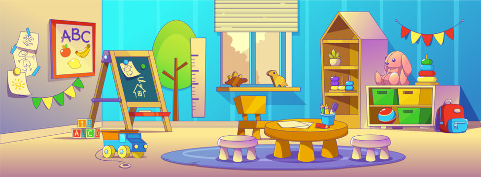 Kindergarten room with toys. Vector cartoon illustration of large playroom with window, blackboard for drawing, book and pencils on wooden table, chairs for kids, nursery play area, carpet on floor