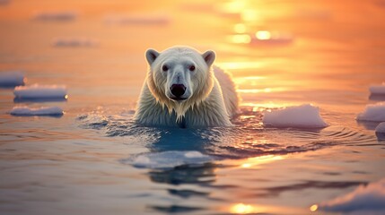 Polar bear running on the water from iceland. AI generated image
