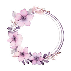 beautiful pink spring florwers blossom and leaves round frame golden watercolor paint