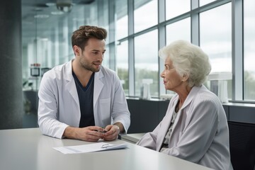 Male doctor consulting senior old patient filling form at consultation. Professional physician wearing white coat talking to mature woman signing medical paper at appointment visit in clinic. - Powered by Adobe