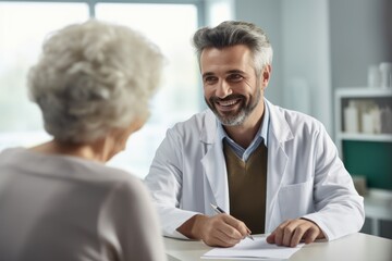 Male doctor consulting senior old patient filling form at consultation. Professional physician wearing white coat talking to mature woman signing medical paper at appointment visit in clinic.