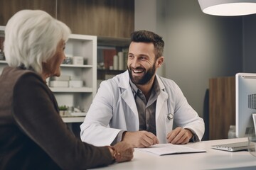 Naklejka na ściany i meble Male doctor consulting senior old patient filling form at consultation. Professional physician wearing white coat talking to mature woman signing medical paper at appointment visit in clinic.