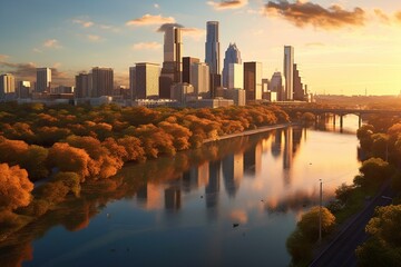 Morning view of Austin, Texas skyline in 2022 during the golden hour. Generative AI - obrazy, fototapety, plakaty