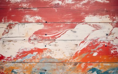 Texture of vintage wood boards with cracked paint of Red, white, blue and beige color. Retro background with old wooden planks of different colors.