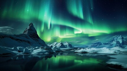 Green aurora borealis, polar lights over ice and snow landscape - obrazy, fototapety, plakaty
