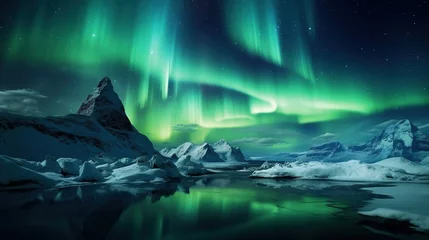 Fotobehang Green aurora borealis, polar lights over ice and snow landscape © LaxmiOwl