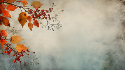 Grunge background with autumn leaves and rowan. generative AI.