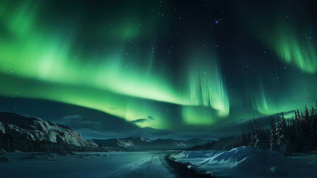 Green aurora borealis, polar lights over ice and snow landscape © LaxmiOwl