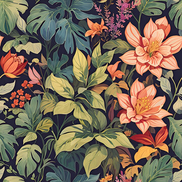 Seamless pattern of beautiful flowers in garden. Repeatable image background. Generative AI.