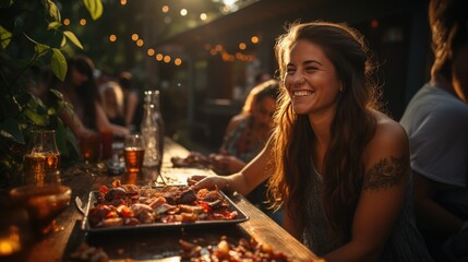 Joyful Woman Laughing at Outdoor Sunset Gathering with Friends