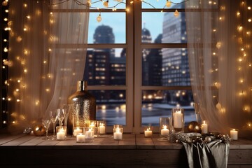 Christmas and New Year's holiday atmosphere evening night a warm inviting ambience general setting a window with a night view and some golden garlands on a wooden table