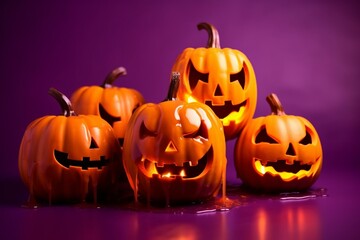 Melting orange pumpkins on purple background, Halloween decoration. Generative AI