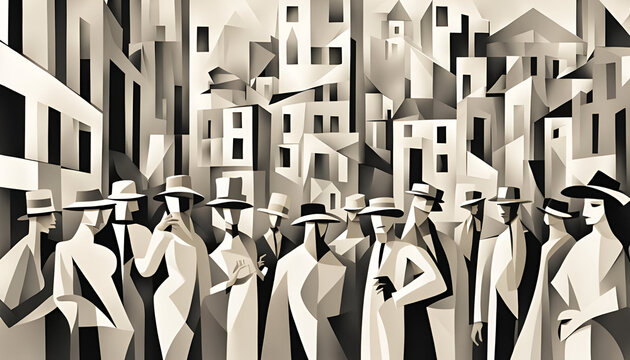 People walking in the street in 1920 cubism abstract art,wall Art ,printable art