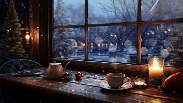 cup of coffee on the window with snowfall in the winter with cartoon or anime style. seamless looping time-lapse virtual 4k video animation background.