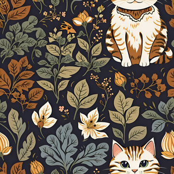Seamless pattern of a cute kitten in the garden. Repeatable image background. Generative AI.