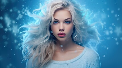 A beautiful woman with blond hair with a blue background and snowflakes in her hair