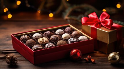 Chocolates and chocolate pralines in a gift box as a luxury holiday present - obrazy, fototapety, plakaty