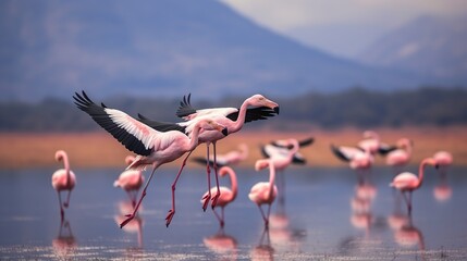 Beautiful view of pink flamingos flying over lake water. AI generated image - obrazy, fototapety, plakaty