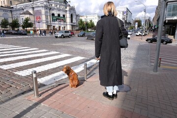 Young woman with dog standing on street sidewalk 
