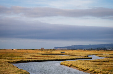 Rye Harbour nature reserve with the Mary Stanford boathouse and Cliff End in the background east Sussex south east England UK