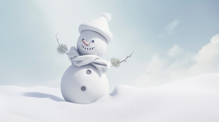 Obraz premium Snowman in a white hat and scarf on a light snowy background. Festive smiling snowman. Snowman with carrot nose and buttons, winter day
