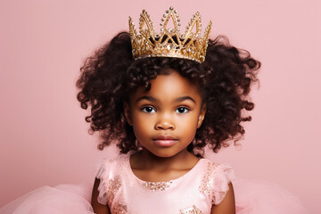 cute black little girl portrait dressed as a beautiful princess wearing a golden tiara on a pastel pink background, studio shot
